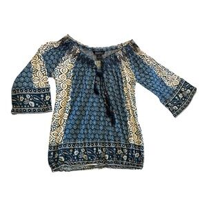 Lucky Brand Blue Peasant Knit Top Tassels Floral Ruched Neck 3/4 Sleeve Medium